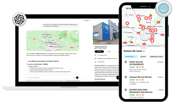 Mockup smartphone et ordinateur Ubiflow affichant la visibilité locale de professionnels automobiles sur Waze et ChatGPT — solution de référencement automatique sur + de 12 médias locaux, Google et les IA