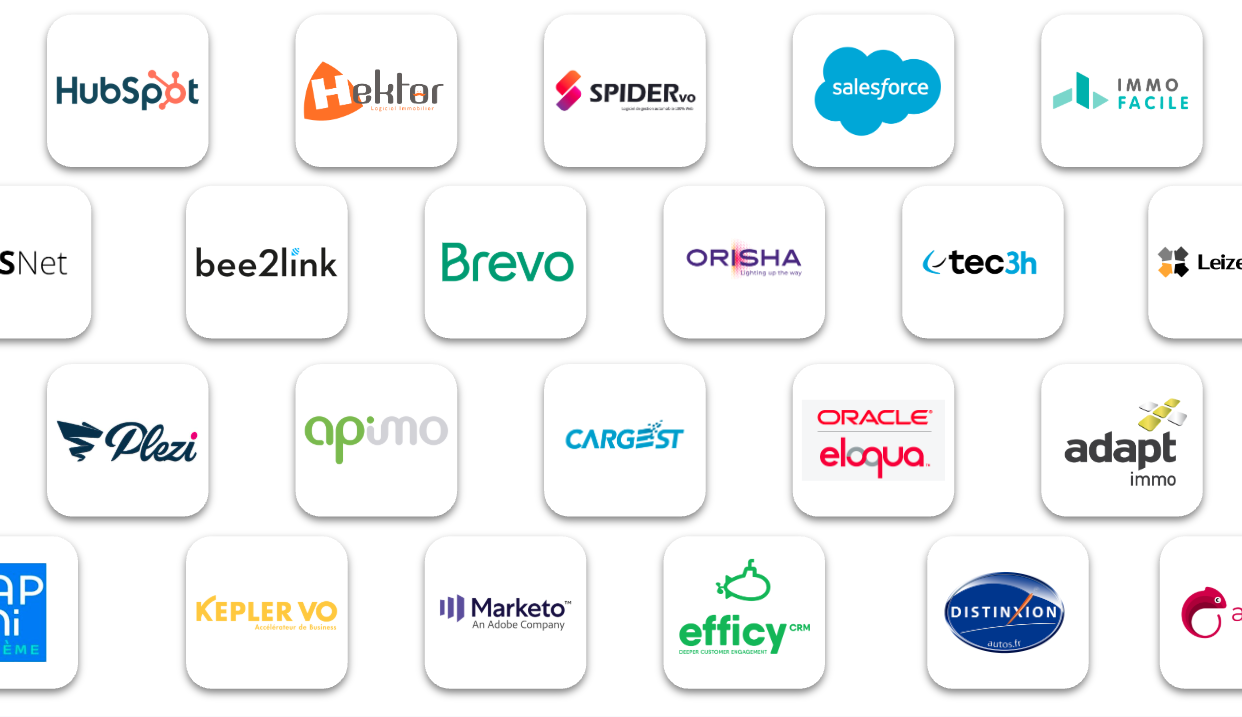 Logos logiciels immobiliers et automobiles compatibles avec Ubiflow, liste non exhaustive.