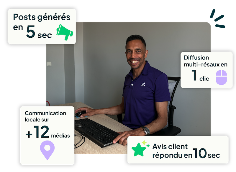 Collaborateur Ubiflow, logiciel de communication digitale pour  professionnels de l'automobile : posts générés en 5 secondes,  diffusion multi-réseaux en 1 clic, communication sur + de 12 médias locaux  et réponse aux avis clients en 10 secondes