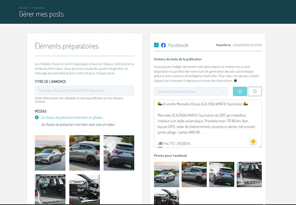 Capture d'écran espace client Ubiflow affichant l'interface de génération de posts avec l'IA — solution de gestion des réseaux sociaux pour professionnels de l'automobile.