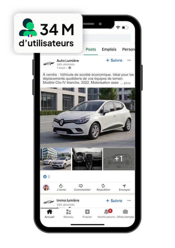 Mockup smartphone Ubiflow affichant la publication automatique  d'une annonce automobile sur LinkedIn, avec une portée de 34 millions d'utilisateurs en France — solution de diffusion digitale  pour professionnels de l'automobile.