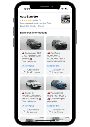 Mockup smartphone Ubiflow affichant la diffusion automatique d'annonces automobiles sur Google Business Profile, avec les fiches véhicules d'un concessionnaire en temps réel — solution de visibilité locale pour professionnels de l'automobile.
