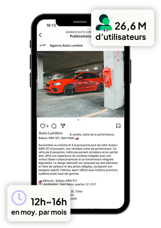 Mockup smartphone Ubiflow affichant la publication automatique d'une annonce automobile sur Instagram, avec des statistiques Instagram : 26,6 millions d'utilisateurs en France et un temps d'engagement  moyen de 12 à 16 heures par mois — solution de diffusion digitale pour professionnels de l'automobile.
