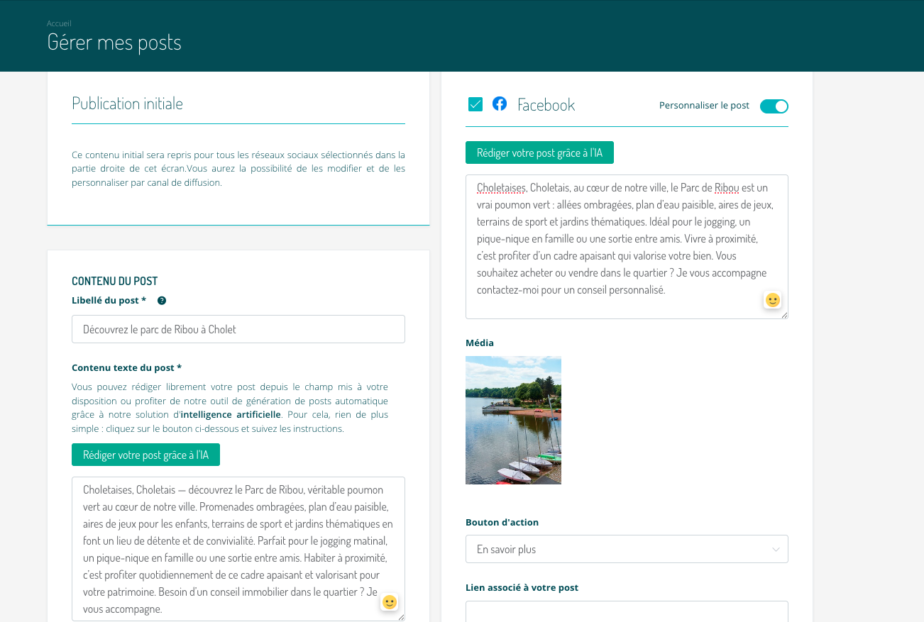 Capture d’écran espace client Ubiflow - rédaction de post immobilier