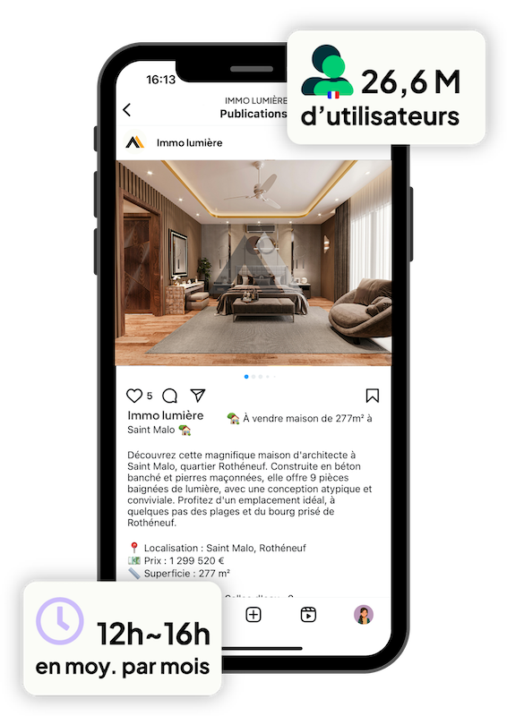Mockup smartphone Ubiflow affichant la publication automatique d'une annonce immobilière sur Instagram, avec des statistiques Instagram : 26,6 millions d'utilisateurs en France et un temps d'engagement  moyen de 12 à 16 heures par mois — solution de diffusion digitale pour professionnels de l'immobilier.