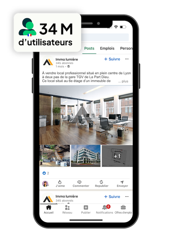 Mockup smartphone Ubiflow affichant la publication automatique  d'une annonce immobilière sur LinkedIn, avec une portée  de 26,6 millions d'utilisateurs en France et un temps d'engagement  moyen de 12 à 16 heures par mois — solution de diffusion digitale  pour professionnels de l'immobilier.